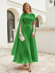 Robe de A-ligne à Col en Bijou Longueur de Mollet en Mousseline Vert