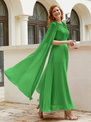 Robe de A-ligne à Col en Bijou Longueur de Mollet en Mousseline Vert