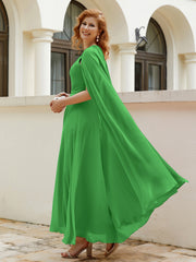 Robe de A-ligne à Col en Bijou Longueur de Mollet en Mousseline Vert