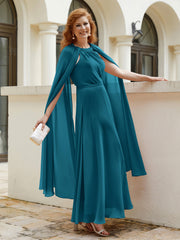 Robe de A-ligne à Col en Bijou Longueur de Mollet en Mousseline Bleu Encre