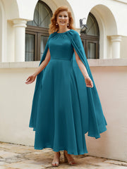 Robe de A-ligne à Col en Bijou Longueur de Mollet en Mousseline Bleu Encre Grande Taille