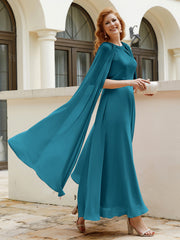 Robe de A-ligne à Col en Bijou Longueur de Mollet en Mousseline Bleu Encre Grande Taille