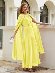 Robe de A-ligne à Col en Bijou Longueur de Mollet en Mousseline Citron