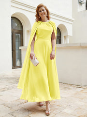 Robe de A-ligne à Col en Bijou Longueur de Mollet en Mousseline Citron