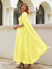 Robe de A-ligne à Col en Bijou Longueur de Mollet en Mousseline Citron Grande Taille