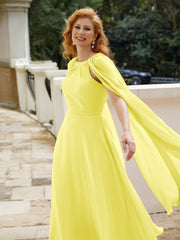 Robe de A-ligne à Col en Bijou Longueur de Mollet en Mousseline Citron