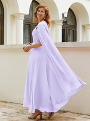 Robe de A-ligne à Col en Bijou Longueur de Mollet en Mousseline Lilas
