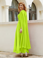 Robe de A-ligne à Col en Bijou Longueur de Mollet en Mousseline Vert Citron Grande Taille