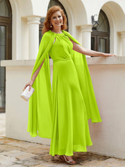 Robe de A-ligne à Col en Bijou Longueur de Mollet en Mousseline Vert Citron Grande Taille
