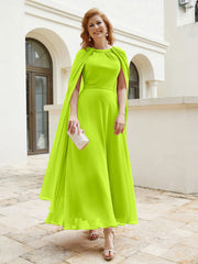 Robe de A-ligne à Col en Bijou Longueur de Mollet en Mousseline Vert Citron Grande Taille