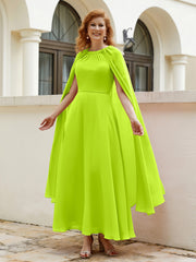 Robe de A-ligne à Col en Bijou Longueur de Mollet en Mousseline Vert Citron