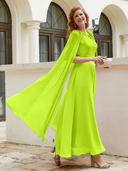 Robe de A-ligne à Col en Bijou Longueur de Mollet en Mousseline Vert Citron