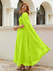 Robe de A-ligne à Col en Bijou Longueur de Mollet en Mousseline Vert Citron