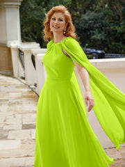 Robe de A-ligne à Col en Bijou Longueur de Mollet en Mousseline Vert Citron