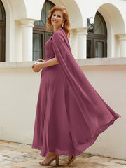 Robe de A-ligne à Col en Bijou Longueur de Mollet en Mousseline Mûre Grande Taille