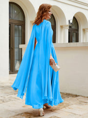 Robe de A-ligne à Col en Bijou Longueur de Mollet en Mousseline Bleu Océan