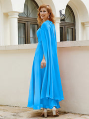 Robe de A-ligne à Col en Bijou Longueur de Mollet en Mousseline Bleu Océan
