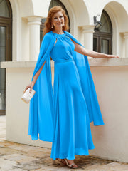 Robe de A-ligne à Col en Bijou Longueur de Mollet en Mousseline Bleu Océan