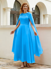 Robe de A-ligne à Col en Bijou Longueur de Mollet en Mousseline Bleu Océan