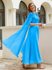 Robe de A-ligne à Col en Bijou Longueur de Mollet en Mousseline Bleu Océan