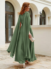 Robe de A-ligne à Col en Bijou Longueur de Mollet en Mousseline Olive Verte