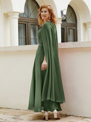 Robe de A-ligne à Col en Bijou Longueur de Mollet en Mousseline Olive Verte