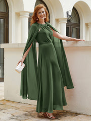 Robe de A-ligne à Col en Bijou Longueur de Mollet en Mousseline Olive Verte