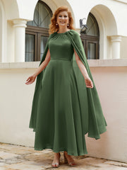 Robe de A-ligne à Col en Bijou Longueur de Mollet en Mousseline Olive Verte
