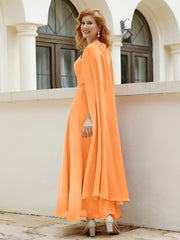 Robe de A-ligne à Col en Bijou Longueur de Mollet en Mousseline Orange