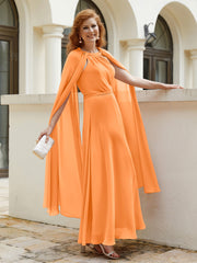Robe de A-ligne à Col en Bijou Longueur de Mollet en Mousseline Orange