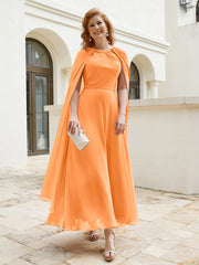 Robe de A-ligne à Col en Bijou Longueur de Mollet en Mousseline Orange