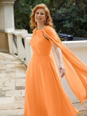 Robe de A-ligne à Col en Bijou Longueur de Mollet en Mousseline Orange