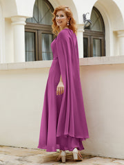 Robe de A-ligne à Col en Bijou Longueur de Mollet en Mousseline Orchidee Grande Taille