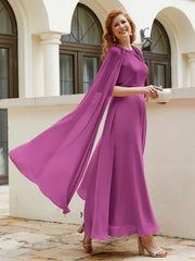 Robe de A-ligne à Col en Bijou Longueur de Mollet en Mousseline Orchidee