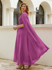 Robe de A-ligne à Col en Bijou Longueur de Mollet en Mousseline Orchidee