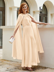 Robe de A-ligne à Col en Bijou Longueur de Mollet en Mousseline Pêche Grande Taille