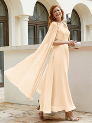 Robe de A-ligne à Col en Bijou Longueur de Mollet en Mousseline Pêche Grande Taille