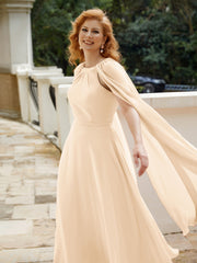 Robe de A-ligne à Col en Bijou Longueur de Mollet en Mousseline Pêche Grande Taille