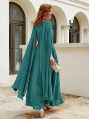 Robe de A-ligne à Col en Bijou Longueur de Mollet en Mousseline Paon