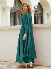 Robe de A-ligne à Col en Bijou Longueur de Mollet en Mousseline Paon