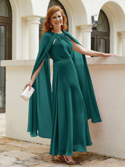 Robe de A-ligne à Col en Bijou Longueur de Mollet en Mousseline Paon Grande Taille