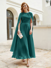 Robe de A-ligne à Col en Bijou Longueur de Mollet en Mousseline Paon