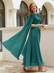 Robe de A-ligne à Col en Bijou Longueur de Mollet en Mousseline Paon
