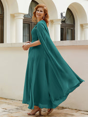 Robe de A-ligne à Col en Bijou Longueur de Mollet en Mousseline Paon Grande Taille