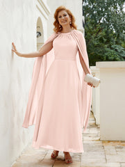 Robe de A-ligne à Col en Bijou Longueur de Mollet en Mousseline Rose Perle