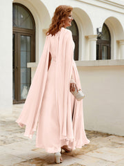 Robe de A-ligne à Col en Bijou Longueur de Mollet en Mousseline Rose Perle