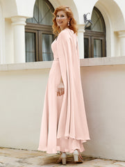 Robe de A-ligne à Col en Bijou Longueur de Mollet en Mousseline Rose Perle Grande Taille