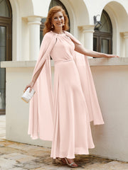 Robe de A-ligne à Col en Bijou Longueur de Mollet en Mousseline Rose Perle