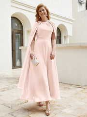 Robe de A-ligne à Col en Bijou Longueur de Mollet en Mousseline Rose Perle