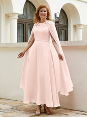 Robe de A-ligne à Col en Bijou Longueur de Mollet en Mousseline Rose Perle